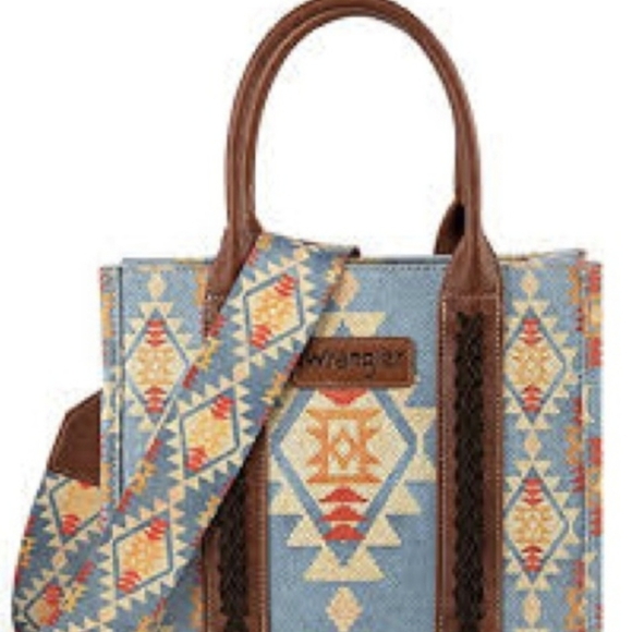 Wrangler Blue & Brown Geometric Purse Tote Bag Aztec Southwestern Style - Picture 3 of 7